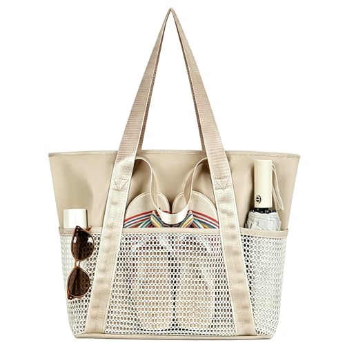 yisight Sacs de Plage Femme XXL, Sac de Plage Imperméable, Sac Plage Léger Pliable avec Fermeture Éclair et Multipoches, Sac Cabas Femme pour Voyage, Vacances, Gym, Piscine
