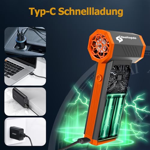 Elektrische Staubgebläse 150000RPM, 4-Gang Druckluft Compressed Air Duster mit 6000mAh Akku, Mini Gebläse Akku Reinigungsset für PC, Tastatur, Haus, Outdoor und Auto (Orange)