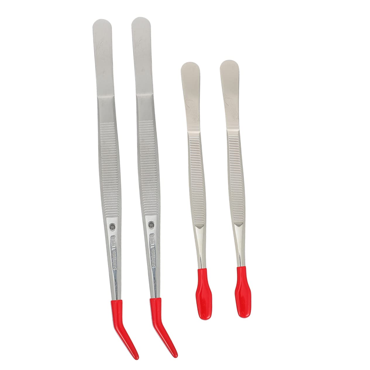 Pinzette a Punta in Gomma Rosse in Acciaio Inox 4 Pezzi | Becco Largo e Curvo, Set da Laboratorio e Gioielli, Presa Precisa per Oggetti Piccoli