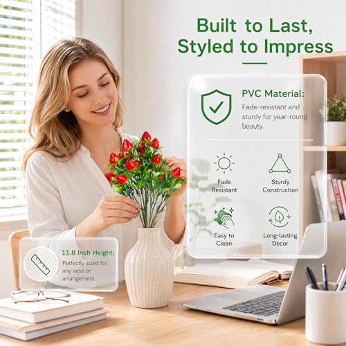 Image of DOITOOL 6 Pcs Artificial Strawberries for Decor, 11.8 inch Fake Strawberries Branches Flowers Bouquet Vivid Faux Strawberry Stems for Home Vase Table Centerpiece Spring Summer Decor