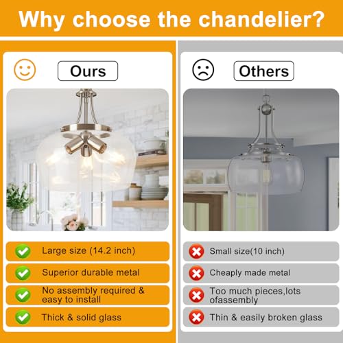Image of Modern Pendant Lights Kitchen Island, 3-Light Brushed Nickel Pendant Light Fixtures with 14.2 inch Clear Glass Shade,Industrial Hanging Pendant Lights Fixture for Kitchen Island Dining Room Entryway Foyer