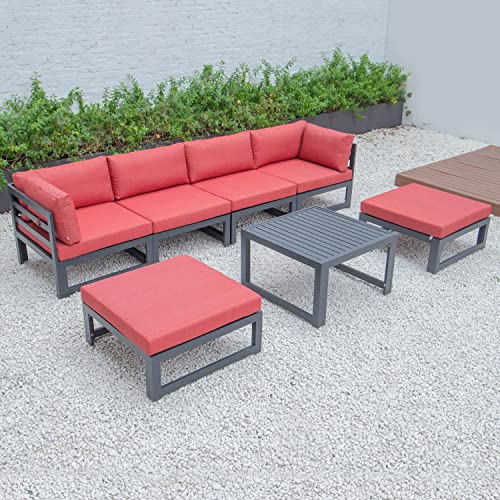Leisuremod Chelsea Outdoor Patio 7-Piece Conversation Set Aluminum Ottomans Sectional With Coffee Table & Cushions (Red) #TOP7