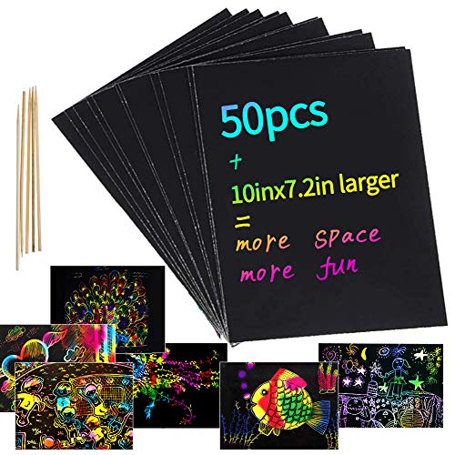 50 PCS 10x7.2 Inches Rainbow Scratch Art Paper Magic Black Scratch Off Papers Sheets Notes Cards Kits Rainbow Color Sketch Pad Gift with 5 Wooden Stylus Pens for Kids Art Activities DIY Gifts