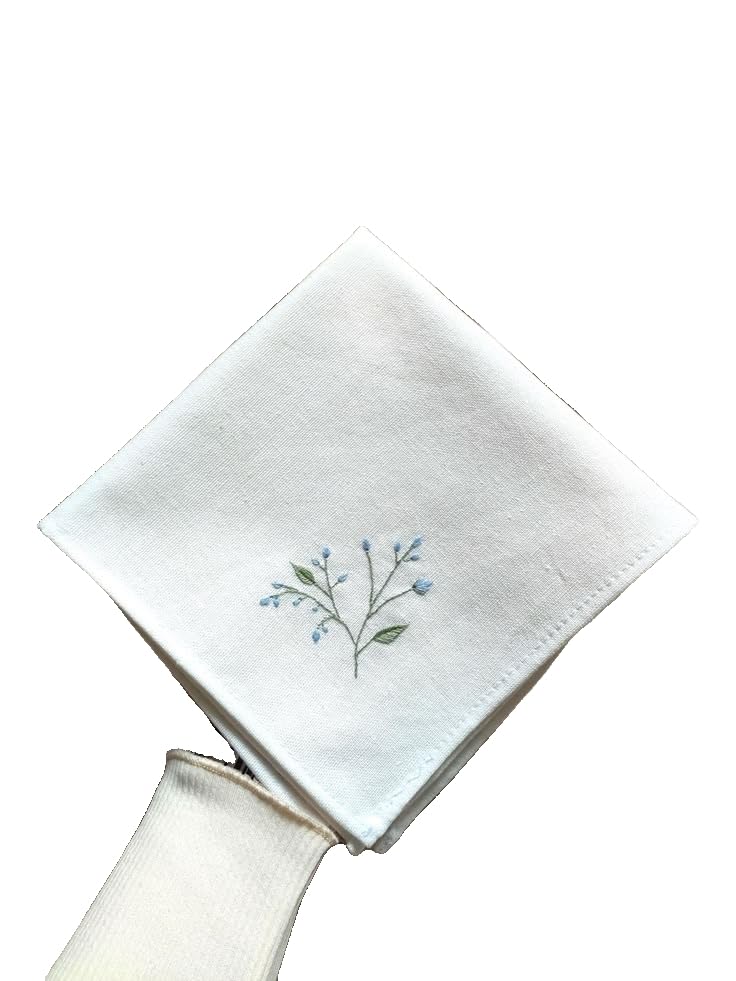 Shree adodhya Embroidered Blue Floral White Handkerchief – Premium Linen Cotton Minimalist Wildflower Hankie .set of 2.-image-15