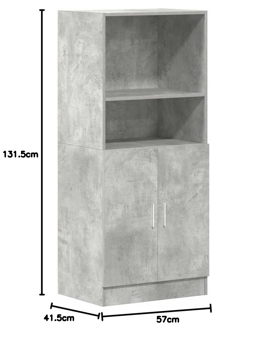 Szara betonowa szafka kuchenna 57 x 41,5 x 131,5 cm z płyty wiórowej z drzwiami i otwartymi półkami, szafka dolna, duża przestrzeń do przechowywania sprzętu AGD, stabilna