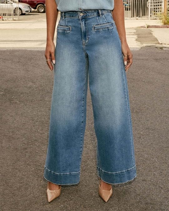 Jeans femme à jambes larges déchirés coupe lâche confortable en bleu - 3
