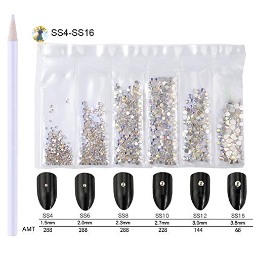 WOKOTO Nail Rhinestones And Charms Kit With Picker Pencil Mix-Size SS4-SS16 Flat Back Starry Ab Rhinestones Gems 3d Decorations For Nails