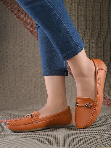 Image of Karaddi Women's Loafers | Cushioned Footbed | Stylish Fashion Moccasins | Comfortable Slip On Formal Loafer for Women | Flexible Style Casual Shoes | Formal Office Wear Shoe Color Tan Size 8 UK /ind