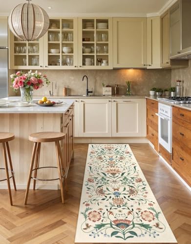 Image of Rugcomf Runner Rug for Hallways Kitchen Rug Non Slip 22 * 45 cm Washable Rugs with Rubber Backing Soft Floral Carpet Runner for Hallways, Kitchen, Laundry, Bedroom, Bathroom(Beige)