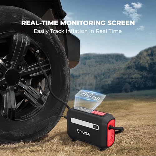 Image of TUSA Drive Go 12V DC Tyre Inflator | Large Dual Digital Display | 3X Faster Inflation Portable Air Compressor| For Car, Bike, Ball & Motorcycle