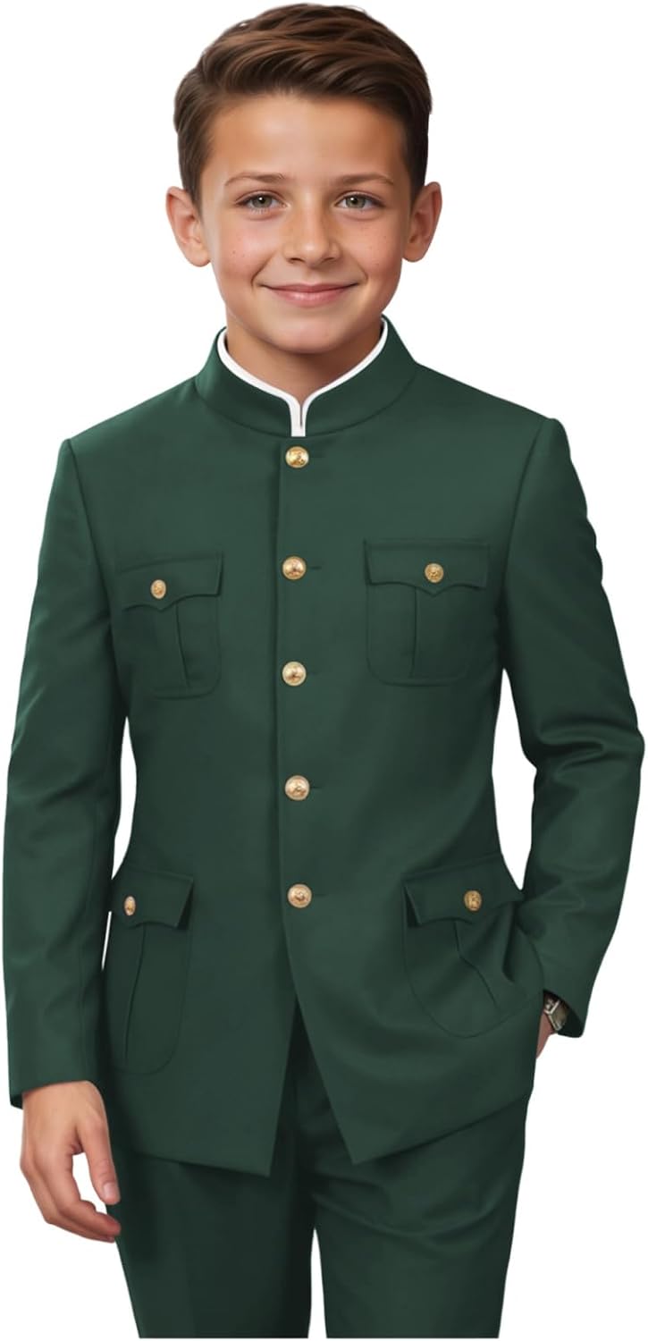 Chinese Suits for Boys Kids Slim Fit 2 Piece, Mandarin Collar Suit for Boys Teens Jacket Pant Traditional Wedding Set