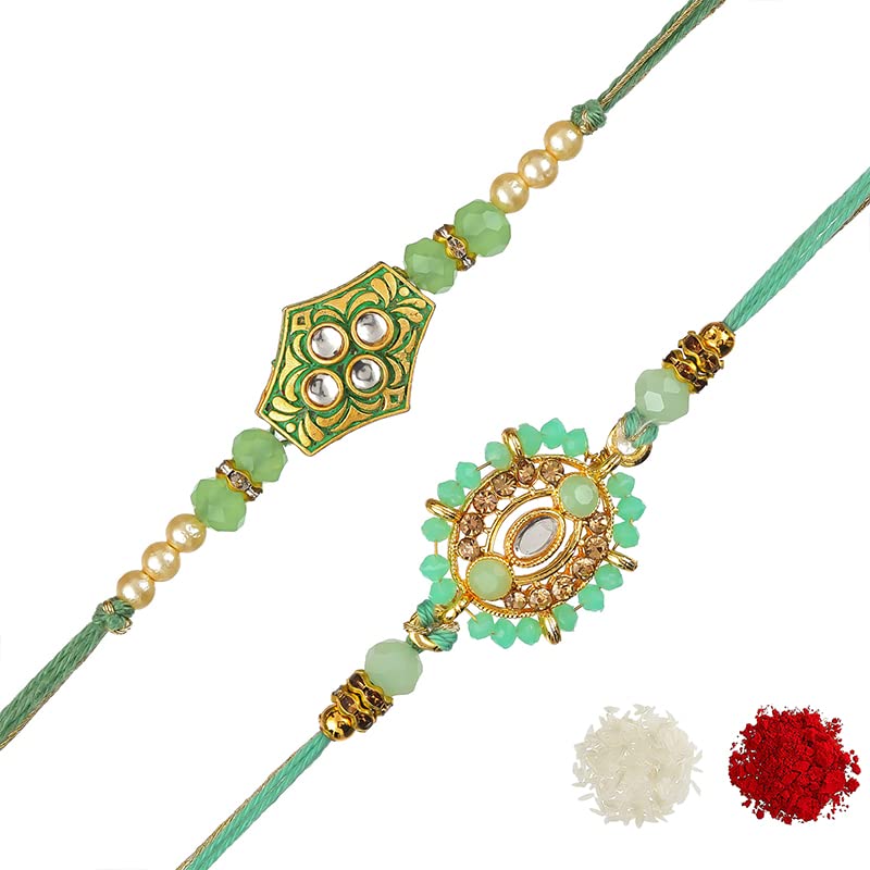Image of eCraftIndia Set of 2 Multicolor Premium Designer Rakhis with Roli Chawal Pack and Best Bro Ever Fridge Magnet - Rakhi for Brother, Bhaiya, Bhai