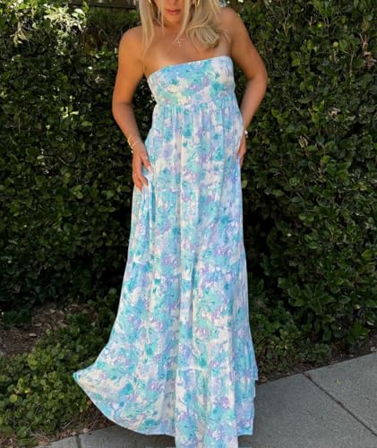 Women Floral Print Maxi Tube Dress Strapless Flowy Long Bandeau Dress Y2K Open Back Sundress Summer Beachwear4
