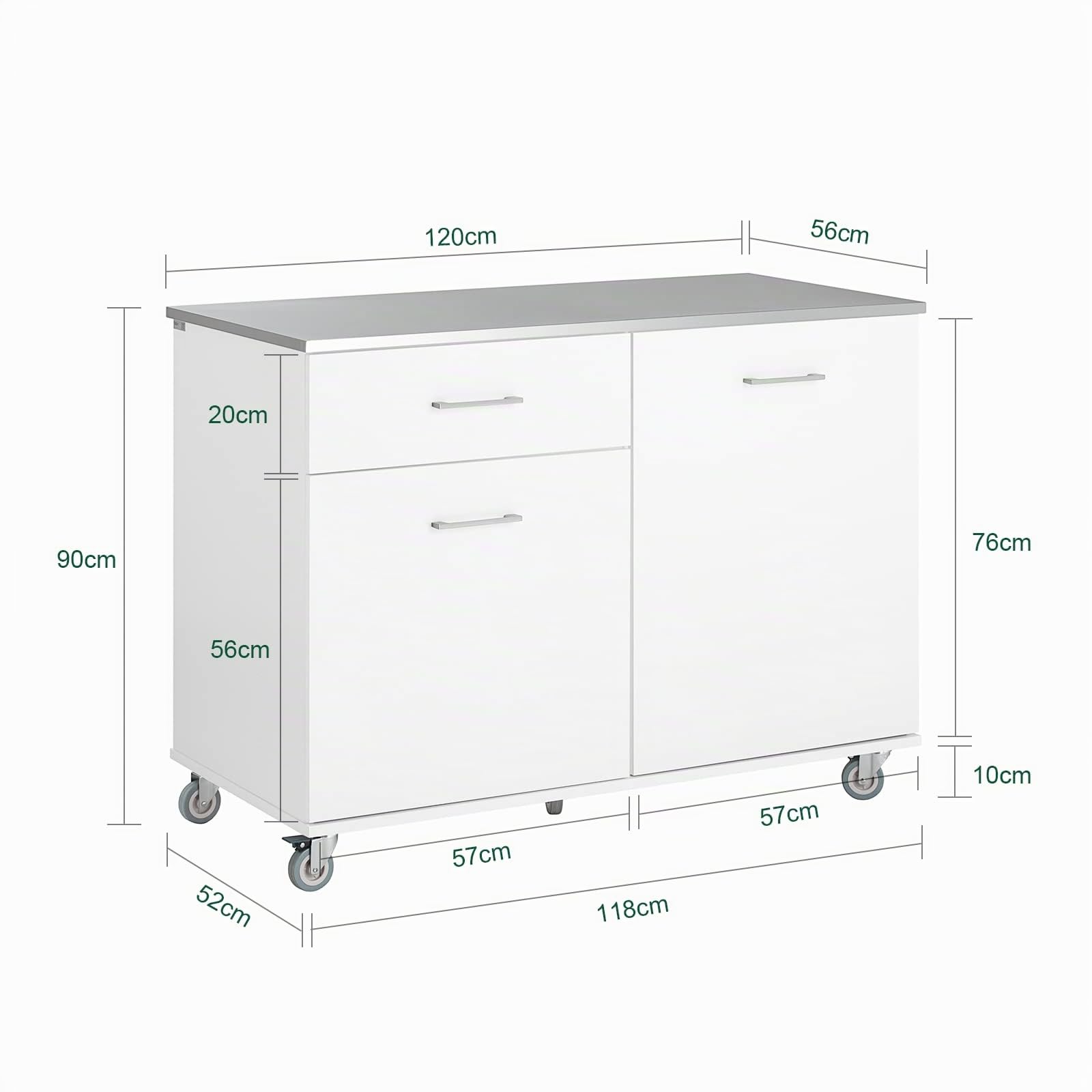SoBuy Carrello Cucina con Ruote Isola Cucina con Piano di Lavoro in Acciaio Inox, 1 Cassetto e 2 Ripiani Regolabili, Mobile Salvaspazio per Mobili da Cucina Bianco120 x 56 x 90 cm FKW117-W