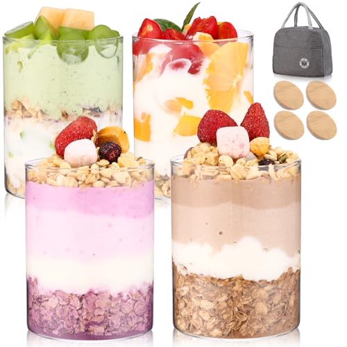 Haferbehälter mit Bambusdeckel, 473 ml, mit luftdichtem Deckel, für Hafer, Müsli, Joghurt, Chiasamen, Pudding, Salatgläser, Mahlzeitvorbereitung, 4 Stück