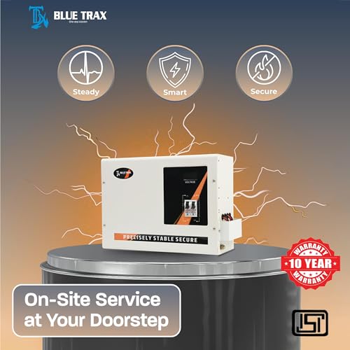 Image of BLUETRAX 7.5 KVA 6000W Voltage Stabilizer for Home Mainline | 130V-300V | Copper Digital Hanging Multipurpose | Heavy Duty | ISI Certified | White | 10 Years Warranty