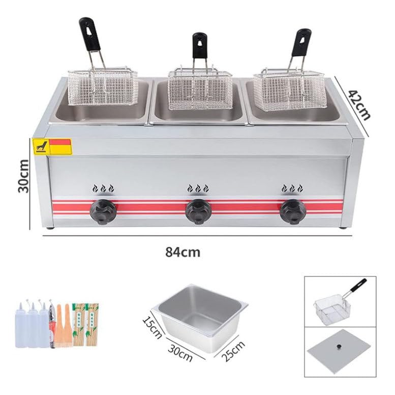 Produktbild von Multifunktions-Gasfritteuse 33 L – Edelstahl, LPG, 3 Tanks, Einstellbare Feuerkraft, Für Pommes, Hähnchen & Mehr, Privat & Gewerblich, Inkl. Korb & Deckel