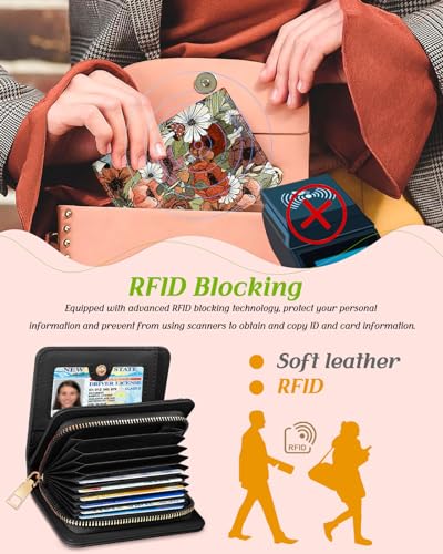Image of Bistup Leather 12 Slot Accordion Card Holder Wallet, Floral Mushroom | Accordion Storage, Zipper Around Closure, Compact Patterned Wallet for IDs, Cards, Cash, Daily Carry and Gifts
