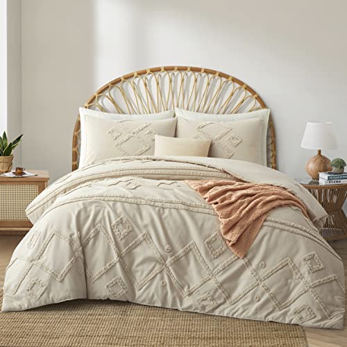 Oli Anderson Beige Queen Comforter Set Tufted Bedding Set Queen 3 Pieces, Boho Shabby Chic Comforter with 2 Pillowcases (Beige,Queen)
