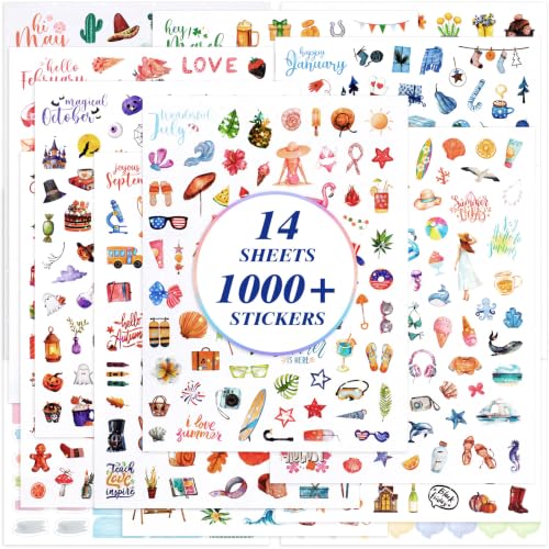 BESARME Planner Stickers with Glittery Film 1000+ Scrapbook Stickers for Calendar Seasonal Monthly Holiday Sticker for Women Adults
