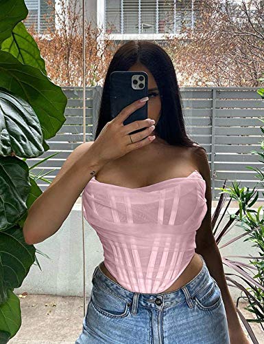L'vow Women's Sexy Strapless Boned Bustier Corset Sleeveless Mesh Crop Top (Pink, Large) #TOP1