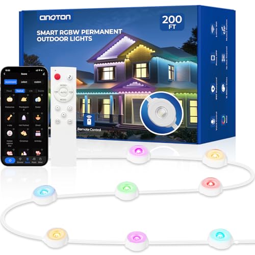 CINOTON Permanent Outdoor Lights 200ft, Smart RGBW+IC Eaves Lights with 120LEDs, IP67 Waterproof, 111 Scene Modes for Daily and Festival, Halloween Christmas Holiday Decor, APP/Voice/Remote Control
