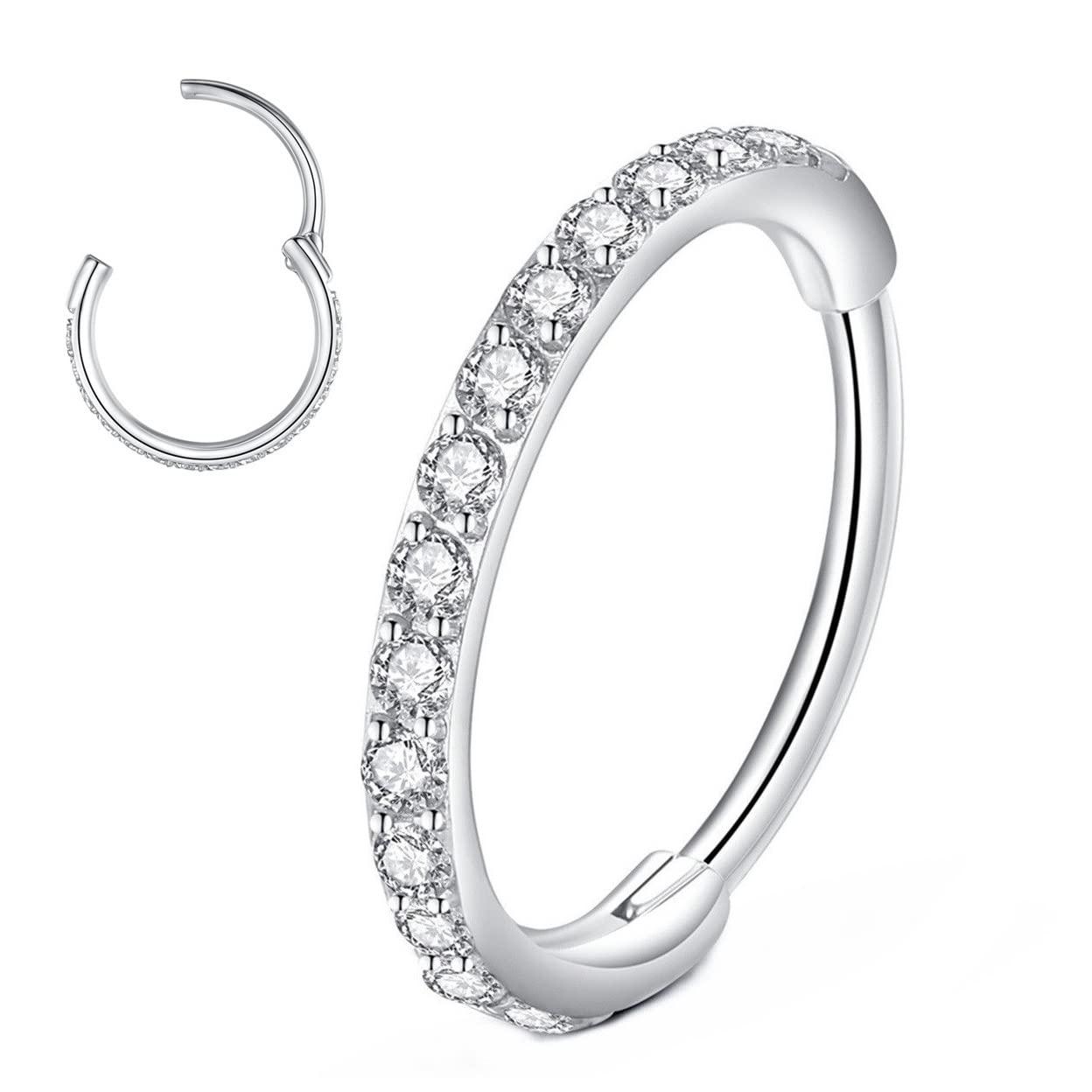 L7L7WMCZ Hinged Segment Nose Rings Hoop 316L Surgical Steel Cubic Zirconia Conch Daith Helix Tragus Body Piercing Jewelry Lip Rings Cartilage Earrings 20G 18G 16G Stainless Steel Septum Clicker Ring