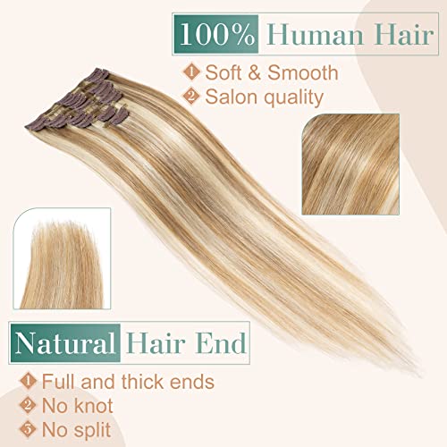 Image of Benehair Clip In Hair Extensions Real Human Seamless Light on Weft 8pcs 16inch Remy Silky Straight Natural Ombre Brown Mixed Bleach Blonde 2.2928 Ounce