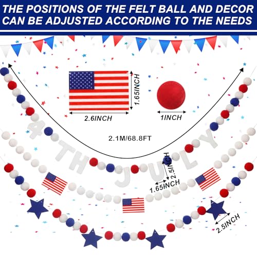Image of Tatuo 3 Pcs 20.67 ft 4th of July Garland Patriotic 250th Anniversary Star Pompom American Flag Banner Red White Blue Pom Ball Hanging Garland for Independence Day Memorial Day Decor