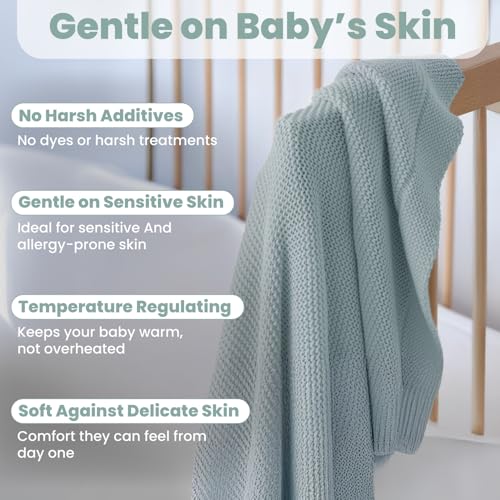 Image of 100% Organic Cotton Baby Knitted Blanket with Gift Box - Soft Toddler, Crib, Stroller Blanket - Neutral Swaddle and Receiving Blanket for Newborns, 30 inchx40 inch, Sage