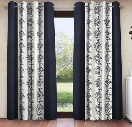 Image of Home Sizzler 2 Pieces Bloom Line Grommet Eyelet Polyester Long Door Curtains - 9 Feet, Black