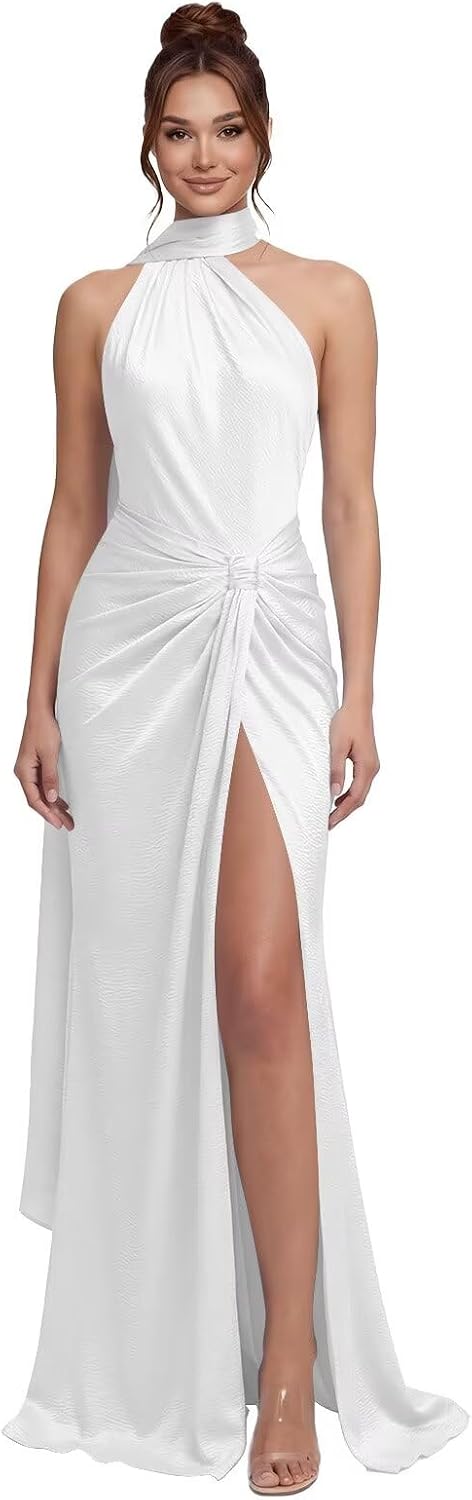 Mermaid Prom Dresses 2026 Satin Bridesmaid Dress with Slit Long Pleated Formal Gowns with Scarf IMR035