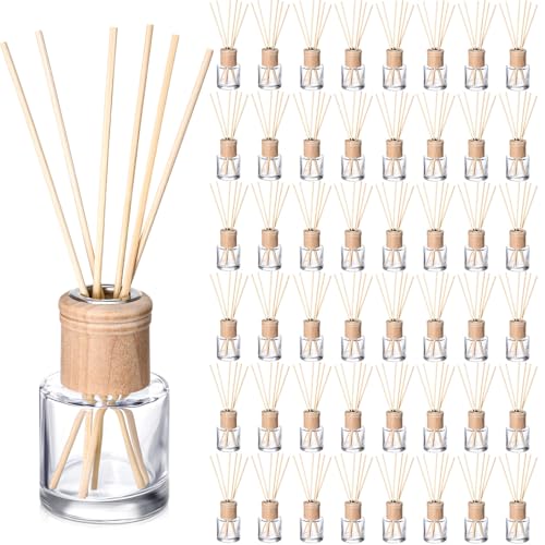 Roshtia 50 Set Reed Diffuser Bottle Empty Refillable Fragrance Glass Diffuser Bottles Set with Wooden Caps Sticks 50ml 1.7 oz Round Glass Jars for DIY Fragrance