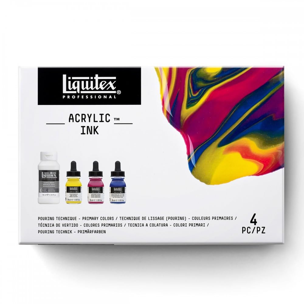 Liquitex Professional Ink and Liquid Acrylic Paint Set, Primary Colours, Highly Pigmented, Lightfast, Acrylic Ink for Calligraphy and Airbrushing, Set of 3 Colours of 30 ml Ink, + 118ml Puring Medium