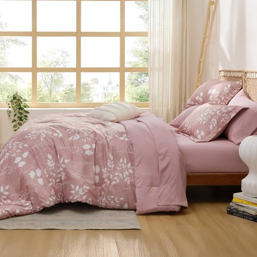 Image of Bedsure Rose Pink Queen Comforter Set - 7 Pieces Floral Bedding Sets Queen Bed in a Bag with Reversible Botanical Flowers Comforter, Sheets, Pillowcases & Shams