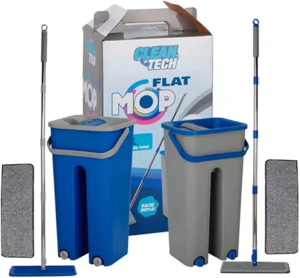 Rodo Flat Mop Esfregão com Balde Lava e Seca de 5 litros + 2 Refis Microfibra (Cor Balde Sortido - Azul ou Verde)