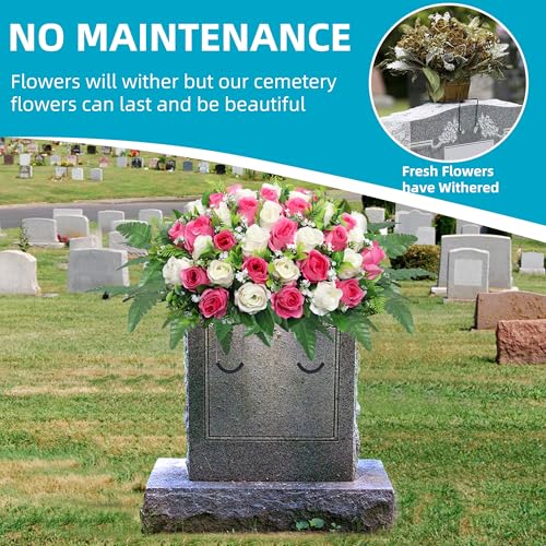 Artificial Cemetery Flowers Saddle,Cemetery Grave Decoration Headstone Flower Saddle Rose Headstone Flower Saddle Outdoor Grave Decorations (Pink) image 1