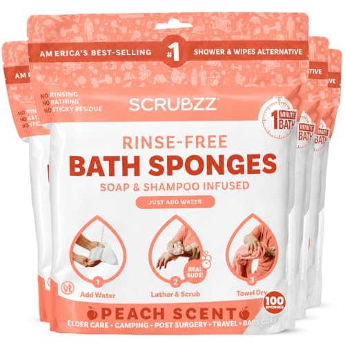 Scrubzz Disposable No Rinse Bathing Wipes - All-in-1 Single Use Shower Wipes, Simply Dampen, Lather, and Dry Without Shampoo or Rinsing (Peach, 4-Pack)