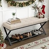 LUE BONA 44.5” End of Bed Bench with Shelf, Linen Tufted Upholstered Storage Shoe Bench, Modern Bedroom Bench with Metal Legs for Living Room, Entryway, Dining Room, 300 LB, Linen Color