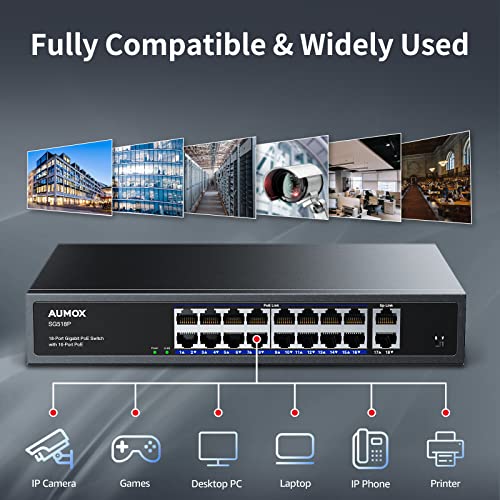 Aumox 18-Port Ethernet Gigabit Poe Switch, 16-Port Poe With 2 Uplink Gigabit Ports, 250W Built-In Power, Metal Casing And 19-Inch Rackmount, Traffic Optimization, Plug And Play, Unmanaged(Sg518P) #TOP6