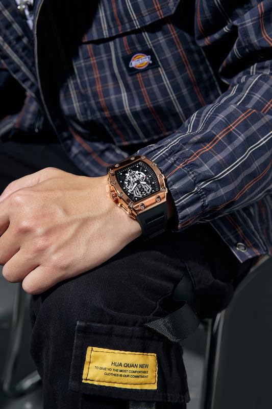 Image of Giordano Analog Quartz Watch for Men with Skeleton Rectangle Dial, Date Function, Luminous Hands and Markers, Silicone Strap - GZ-50237