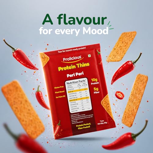 Image of Prolicious Healthy Protein Thin Chips |10g Protein & 5g Fibre Per Pack Per Pack Per Pack | Vegan Snacks | Gluten Free|No Maida |No Palm Oil| 50g - Pack of 7| Peri Peri
