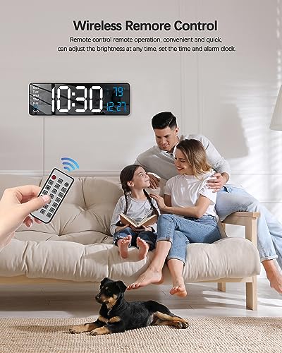 Image of JoFomp Modern 16 inch Large Digital Wall Clock with Remote Control, LED Display, Auto-Dimming, Countdown, Temperature, Calendar - 12 /24Hr Format - Silent Wall Clock for Home, Office, or Gym Use (Blue)