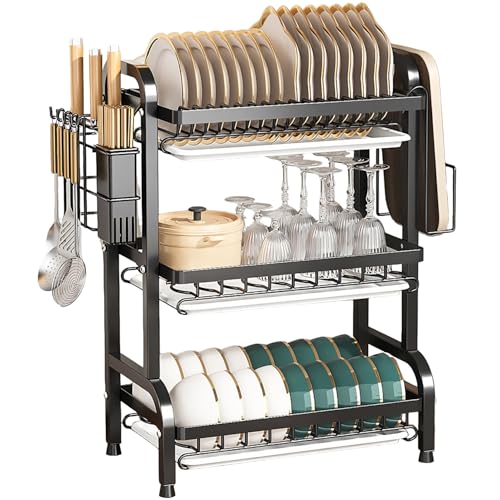BLBAISH 3 Niveles Escurridor de Trastes Acero Inoxidable, Escurridor de Trastes, Rejilla de Secado para Escurridor de Platos Grande con Bandeja de...