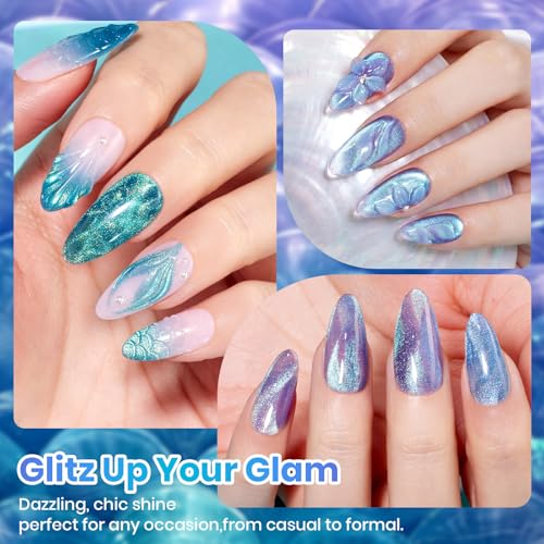 Image of Beetles Cat Eye Gel Nail Polish Set - Lunar Mermaid 6 Colors Summer Gel Nail Polish Kit Glitter Blue Purple Navy Blue Teal Colors Magnetic Shine Soak Off UV Salon DIY Manicure Gift for Women