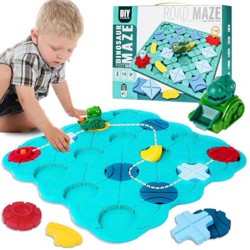 AUAUY Conjunto de mesa de labirinto de construção, Stem labirinto jogo de mesa, labirinto logico quebra-cabeças brinquedos educativos crianças 4 5 6 7 8 anos para multijogador e família (dinossauro)