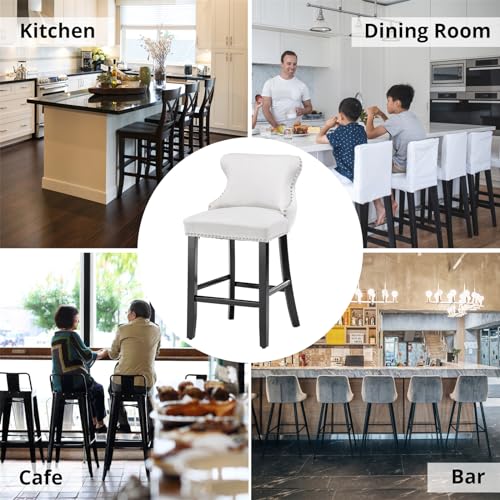 i-POOK Counter Height Bar Stools Set of 2, Velvet Upholstered Barstools with Solid Wood Legs, Button Tufted and Nailheads Trim, Wing-Back Bar Chairs for Kitchen Island Dining Room Pub, White - Thumbnail 6