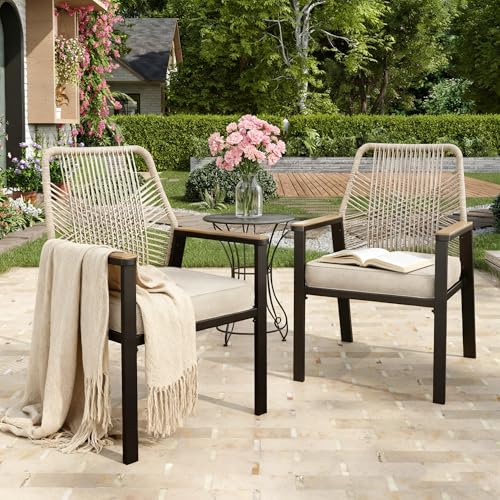Image of MIXPATIO Patio Wicker Chair Sets of 2, Outdoor Dining Chairs with 3.1 inch Seat Cushions, Sturdy Metal Frame & Wood Grain Armrest, Patio Dining Chairs for Porch Backyard, Beige