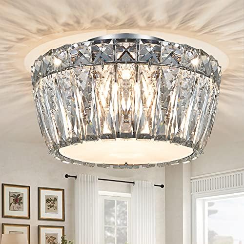 KARMIQI Ceiling Lights Living Room 3-Light Modern Crystal Flush Ceiling Light, Drum Shaped Chrome Finish with G9 Bulbs, for Bedroom Hallway Entryway
