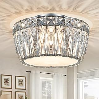 KARMIQI Ceiling Lights Living Room 3-Light Modern Crystal Flush Ceiling Light, Drum Shaped Chrome Finish with G9 Bulbs, for Bedroom Hallway Entryway